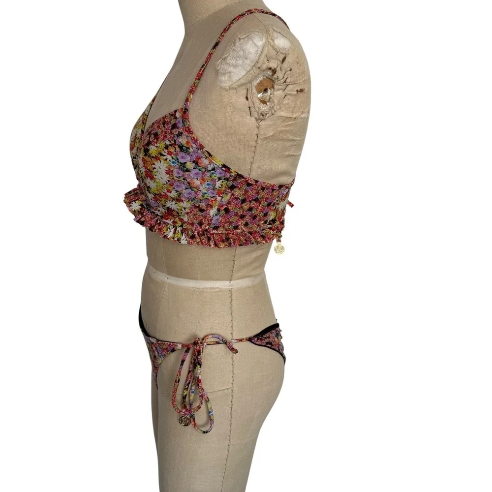 Luli Fama Floral Ruffle Bikini Set Garden Nights S Lace Up Back Ruched Bottoms